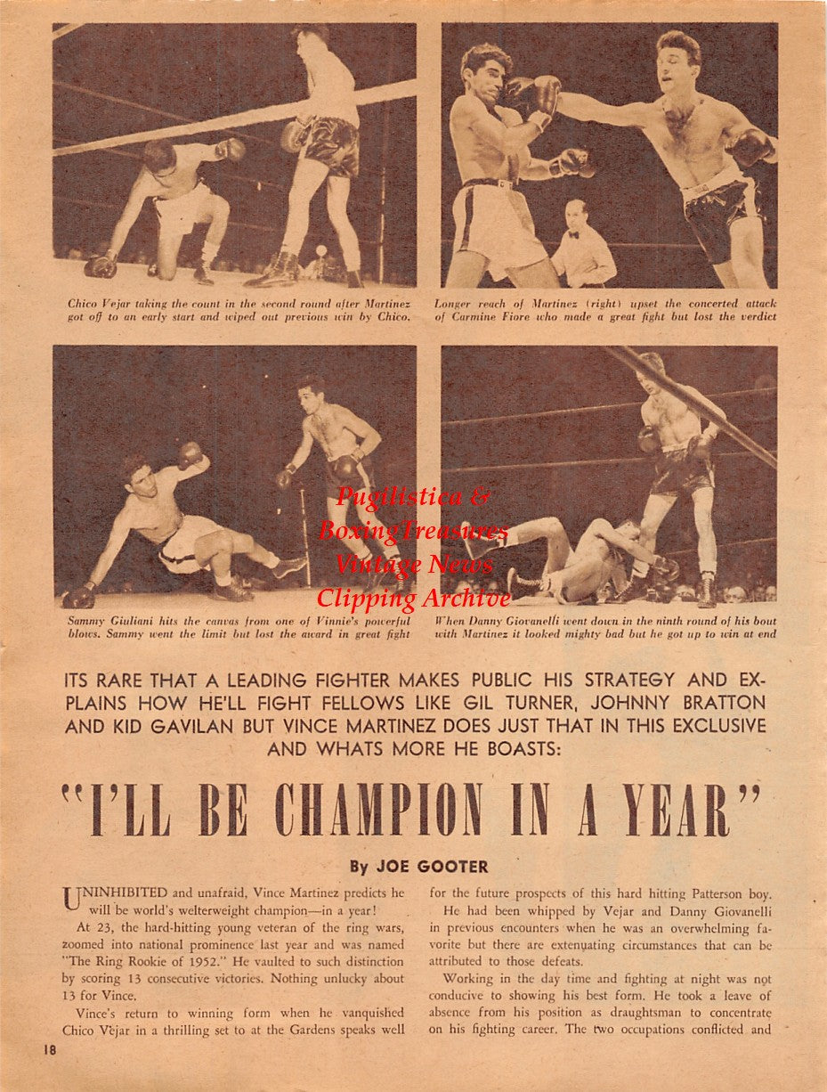 Boxing News Clipping #2029 - Jimmy Carter, Kid Gavilan, Rocky Marciano, Archie Moore, Bobo Olson, Vince Martinez, Chico Vejar, Carmine Fiore, Sammy Giuliani, Danny Giovanelli