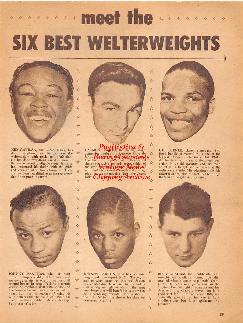 Boxing News Clipping #2040 - Kid Gavilan, Carmen Basilio, Gil Turner, Johnny Bratton, Johnny Saxton, Billy Graham