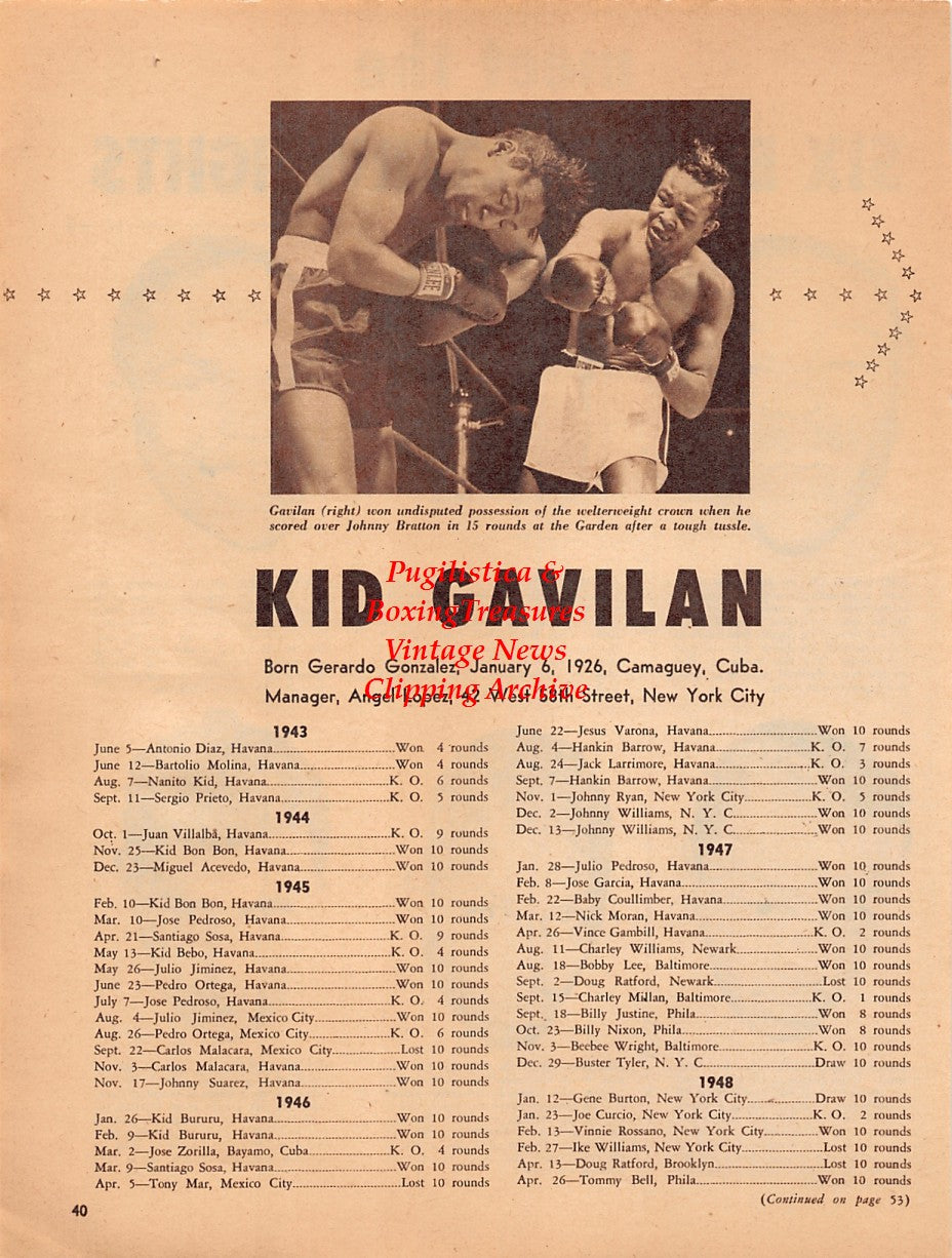 Boxing News Clipping #2040 - Kid Gavilan, Carmen Basilio, Gil Turner, Johnny Bratton, Johnny Saxton, Billy Graham