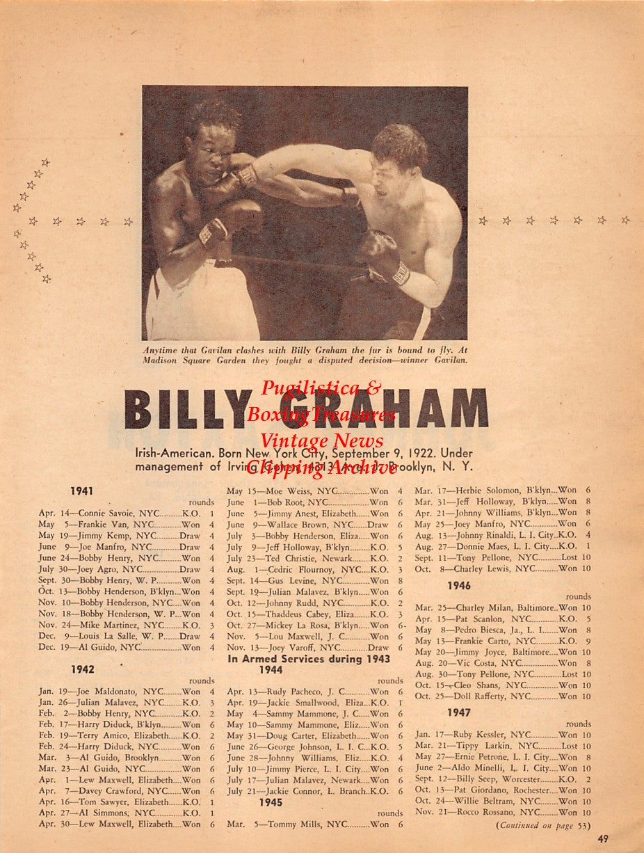 Boxing News Clipping #2045 - Billy Graham vs. Kid Gavilan, Johnny Saxton vs. Gil Turner
