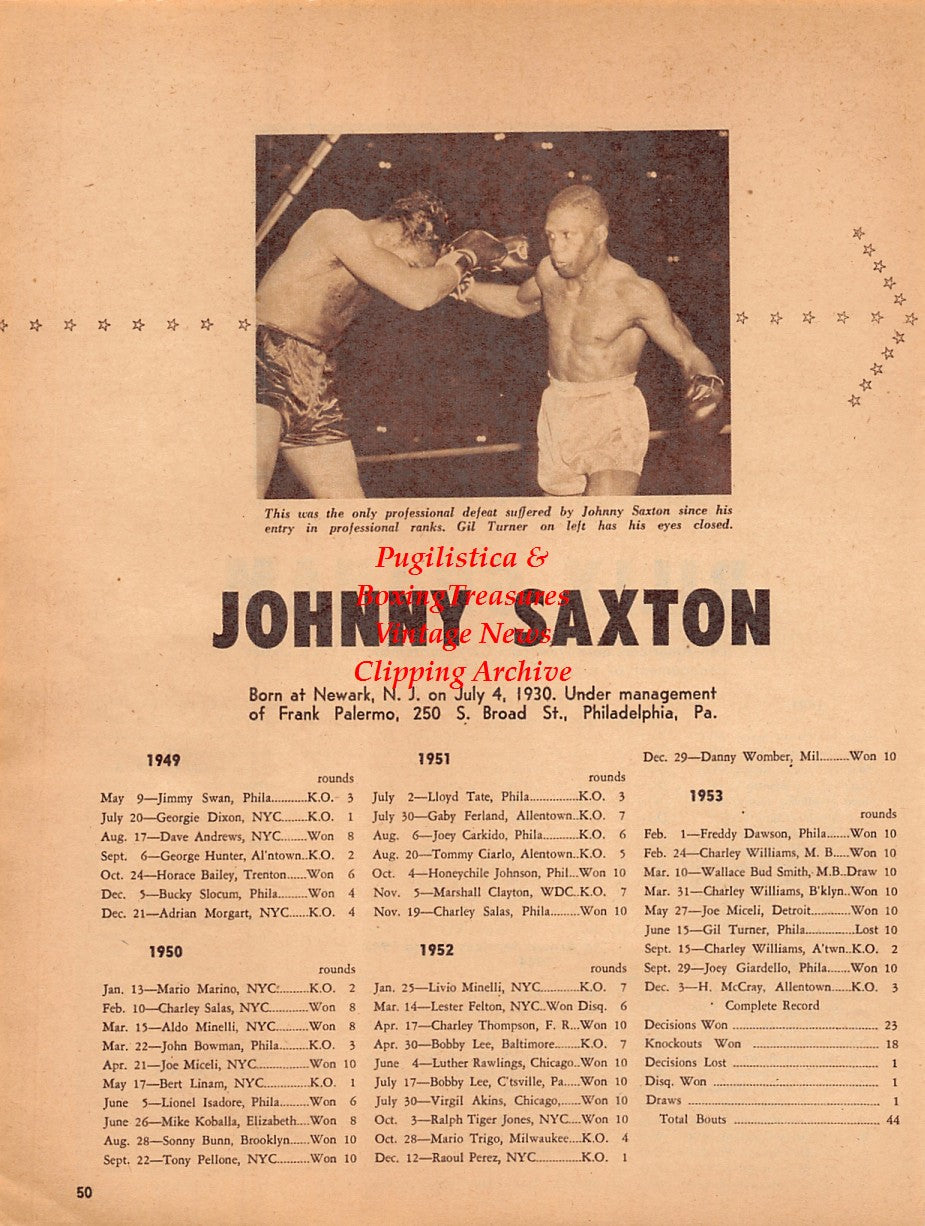 Boxing News Clipping #2045 - Billy Graham vs. Kid Gavilan, Johnny Saxton vs. Gil Turner