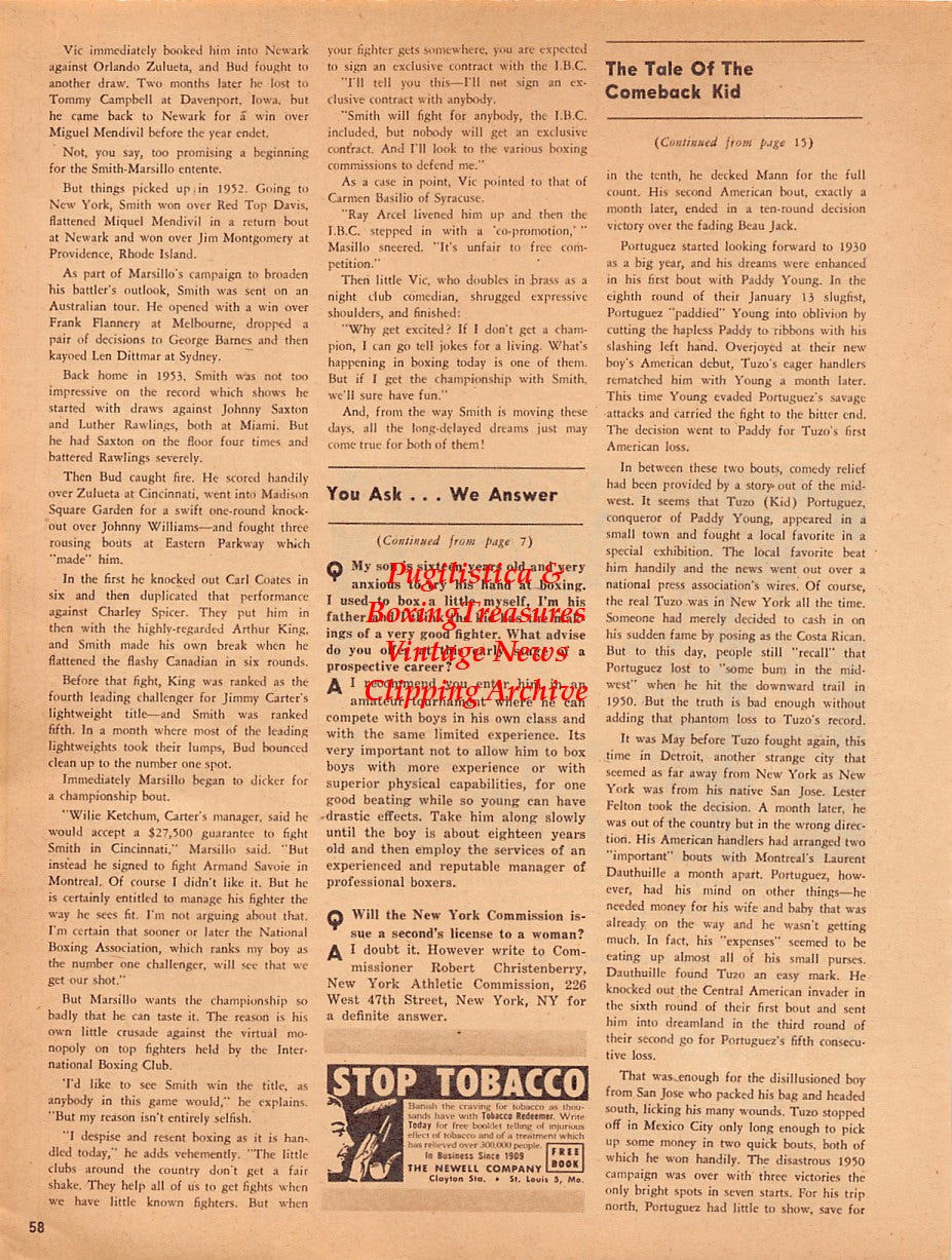 Boxing News Clipping #2048 - Charlie Fusari, Vic Marsillo, Johnny Addie, Ray Arcel