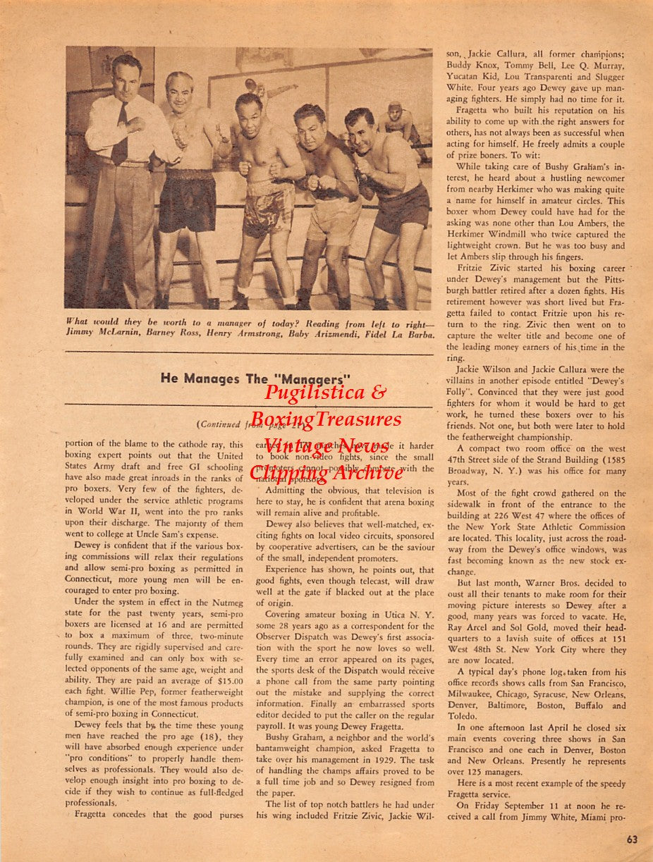 Boxing News Clipping #2050 - Jimmy McLarnin, Barney Ross, Henry Armstrong, Baby Arizmendi, Fidel LaBarba