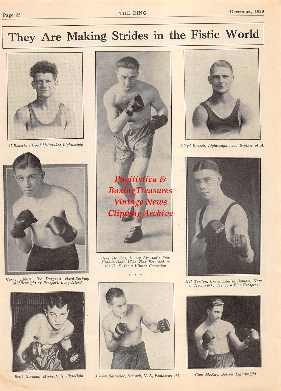 Boxing News Clipping #2056 - Al Boneck, Harry Ebbets, Britt Gorman, Rene DeVos, Jimmy Batchelor, Lloyd Boneck, Nel Tarleton, Gans McKay