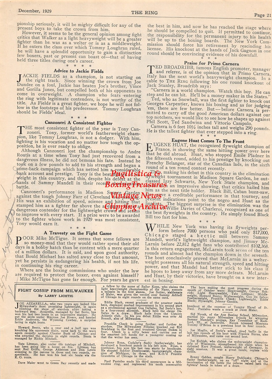 Boxing News Clipping #2056 - Al Boneck, Harry Ebbets, Britt Gorman, Rene DeVos, Jimmy Batchelor, Lloyd Boneck, Nel Tarleton, Gans McKay