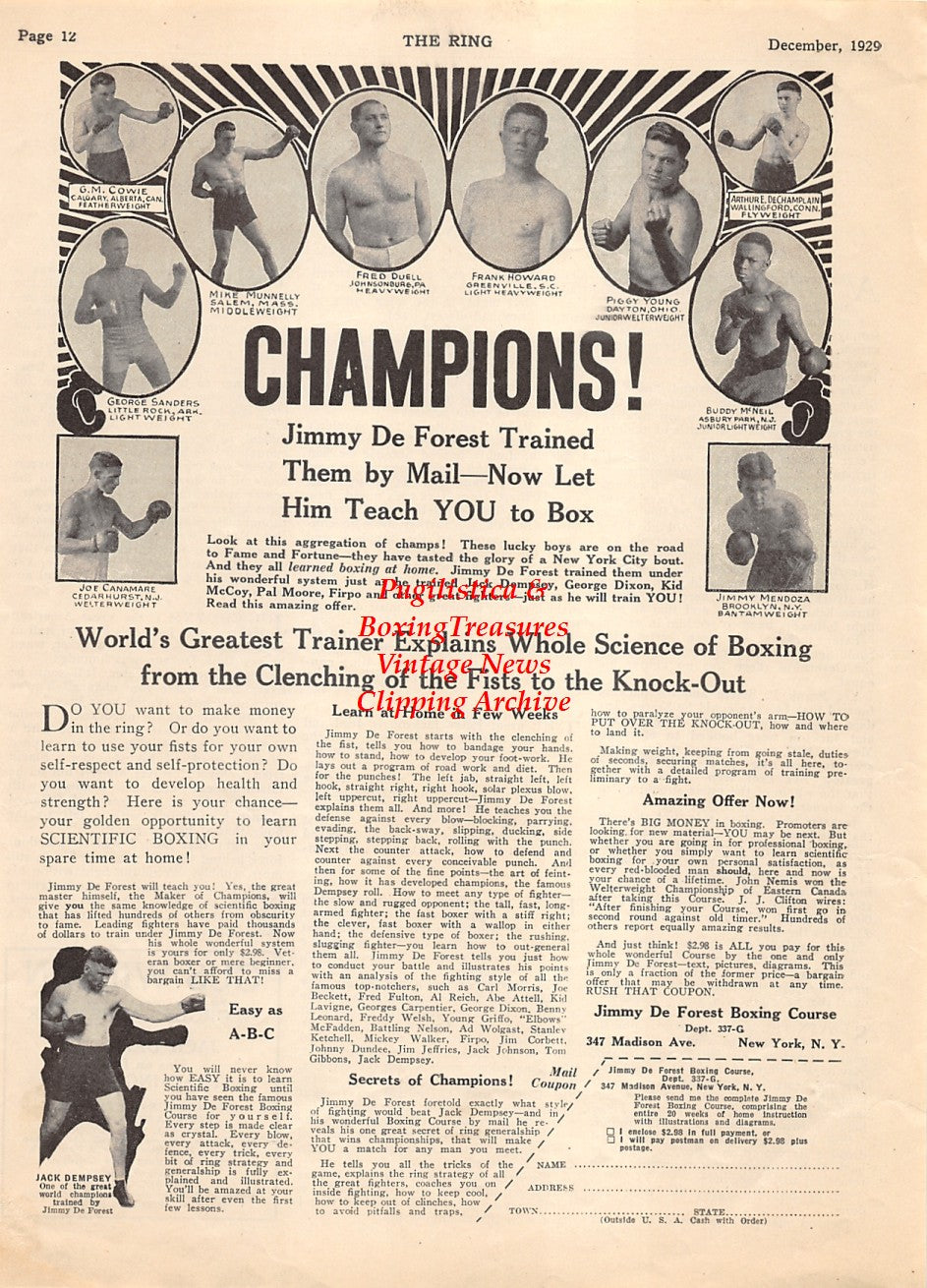 Boxing News Clipping #2059 - Joe Canamare, George Sanders, G.M. Cowie, Mike Munnelly, Fred Duell, Frank Howard, Piggy Young, Arthur DeChamplain, Buddy McNeil, Jimmy Mendoza, Jack Dempsey