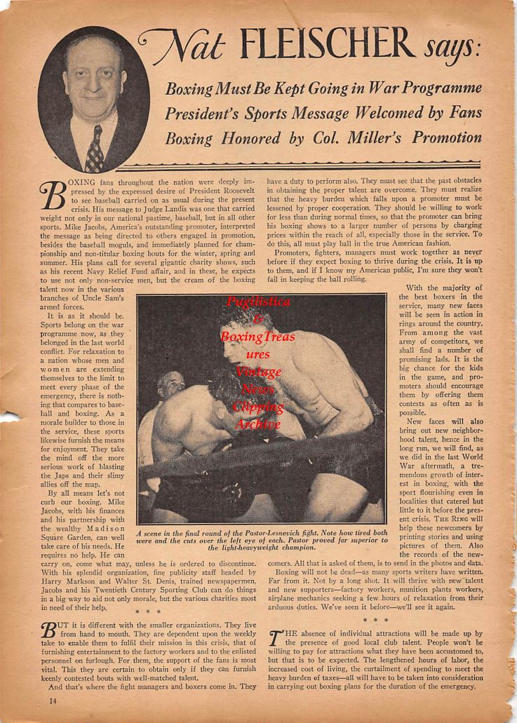 Boxing News Clipping #206 - Bob Pastor vs. Gus Lesnevich, Al Reid