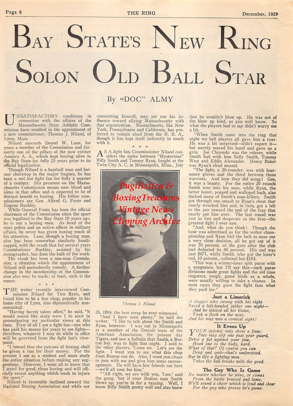 Boxing News Clipping #2061 - Thomas J. Niland, Joe Reno vs. Ruby Goldstein, Davey Abad vs. Al Singer