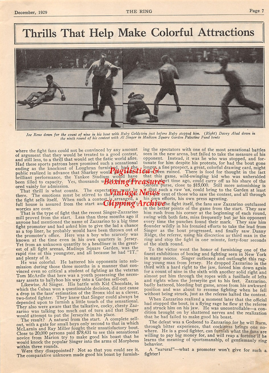 Boxing News Clipping #2061 - Thomas J. Niland, Joe Reno vs. Ruby Goldstein, Davey Abad vs. Al Singer