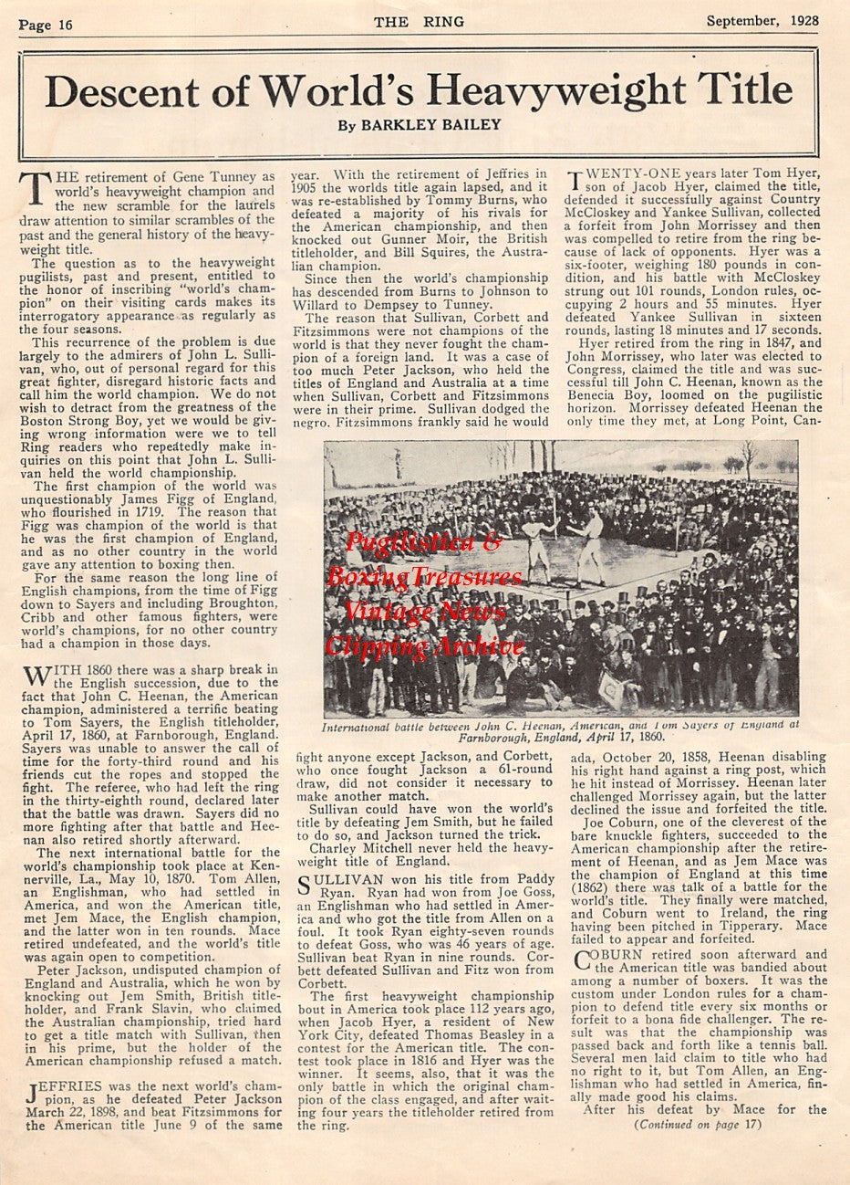 Boxing News Clipping #2067 - Gene Tunney, John C. Heenan vs. Tom Sayers