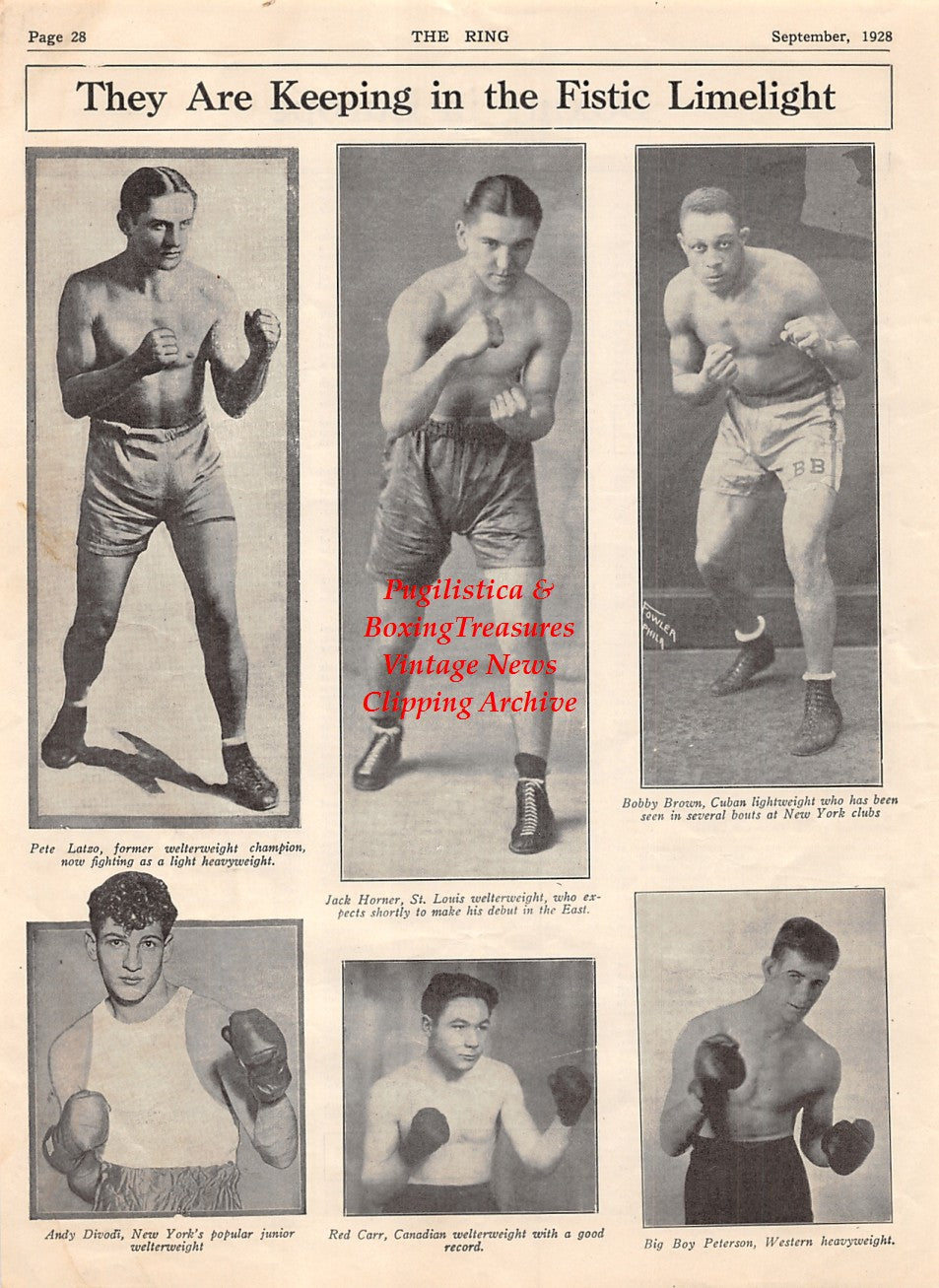 Boxing News Clipping #2072 - Pete Latzo, Jack Horner, Bobby Brown, Andy DiVodi, Red Carr, Big Boy Peterson