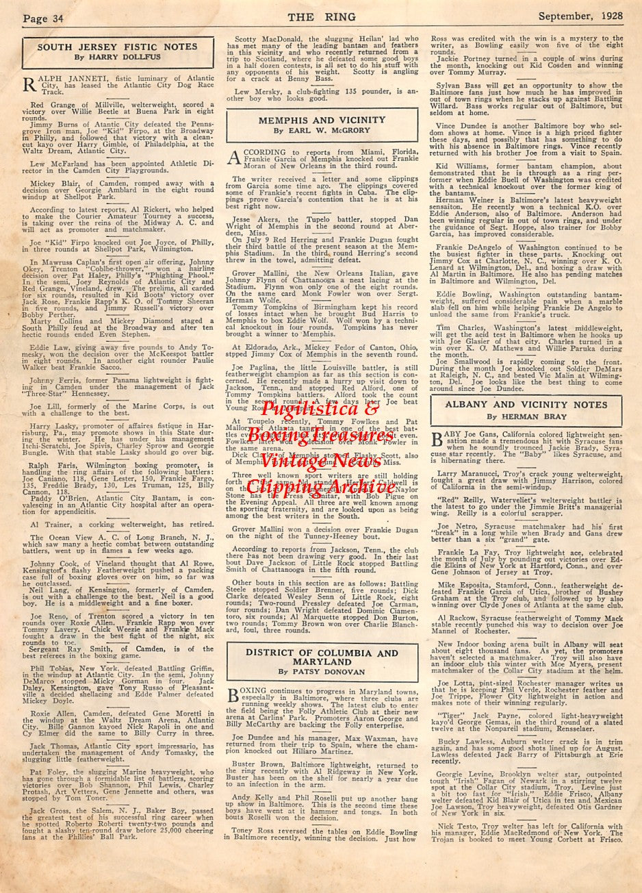 Boxing News Clipping #2074 - Earl Mastro, Young Stribling, Al Webster, Carl Studer, Jim Corbett, Knockout Vogt, Tommy Madden, Firpo Moore