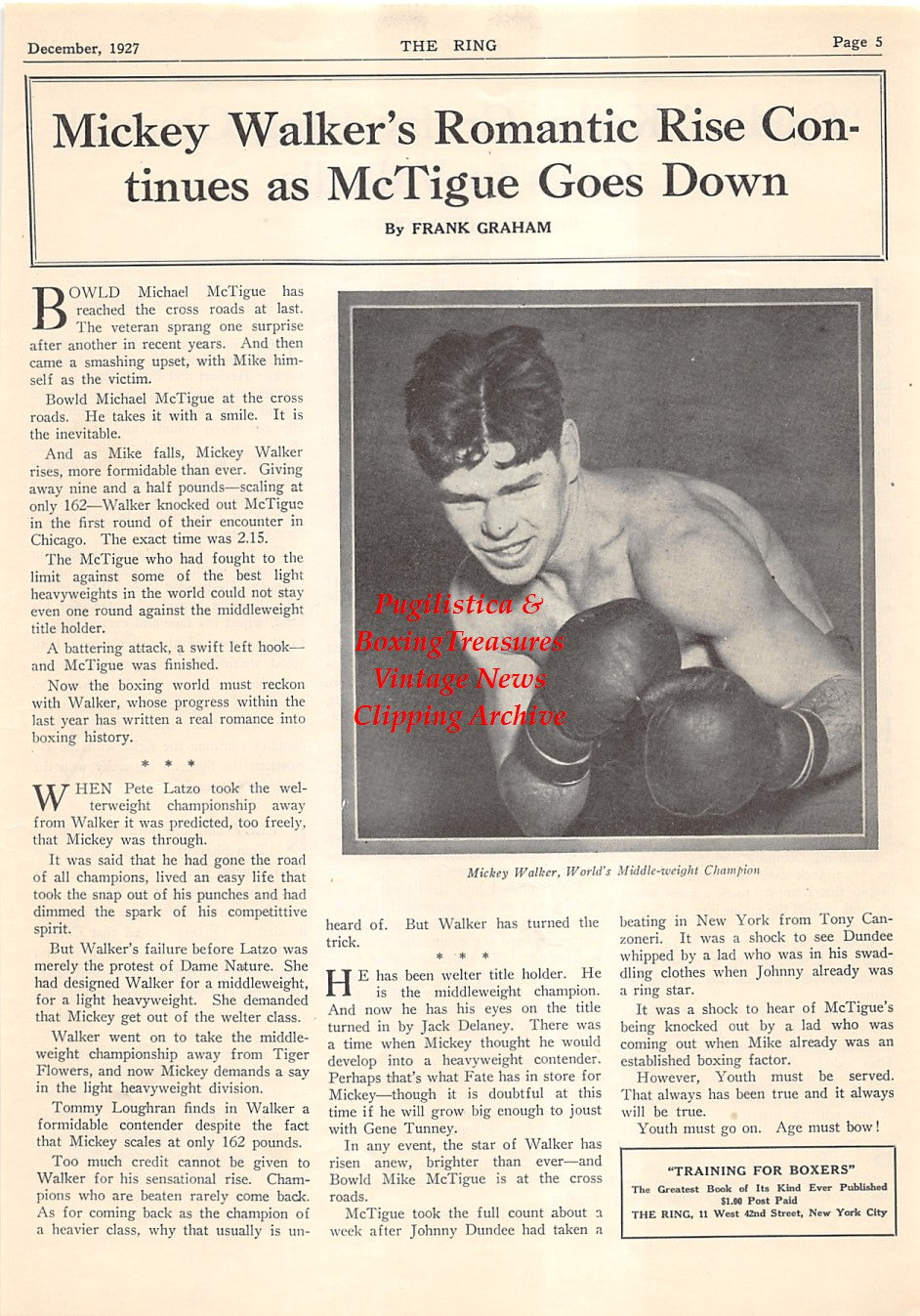 Boxing News Clipping #2076 - Mickey Walker, Spider Kelly memorial obituary
