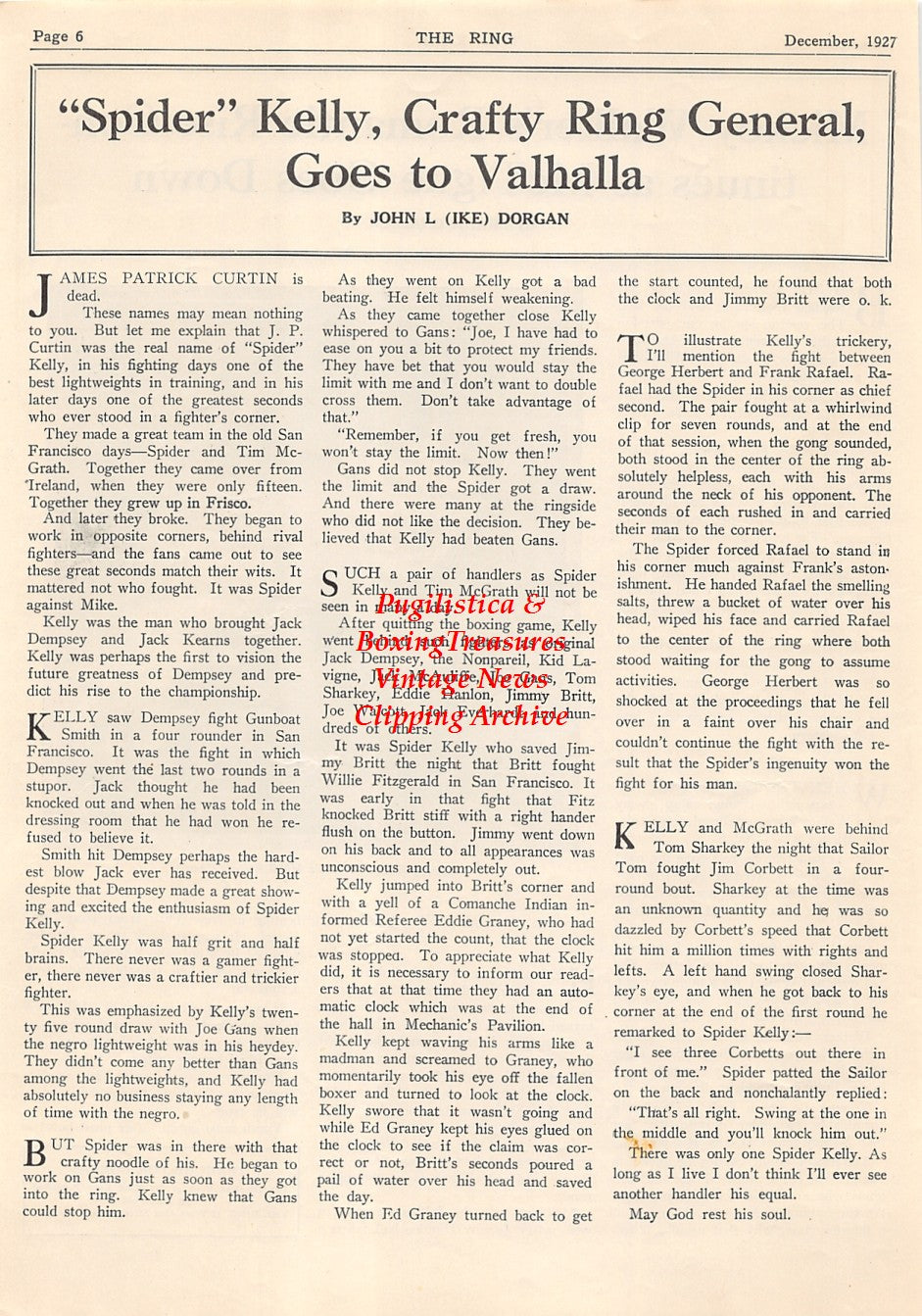Boxing News Clipping #2076 - Mickey Walker, Spider Kelly memorial obituary