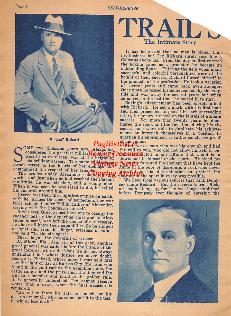 Boxing News Clipping #2089 - Tex Rickard memorial obituary (2 page clipping), Gene Tunney, Willie Jackson, Frank Moran