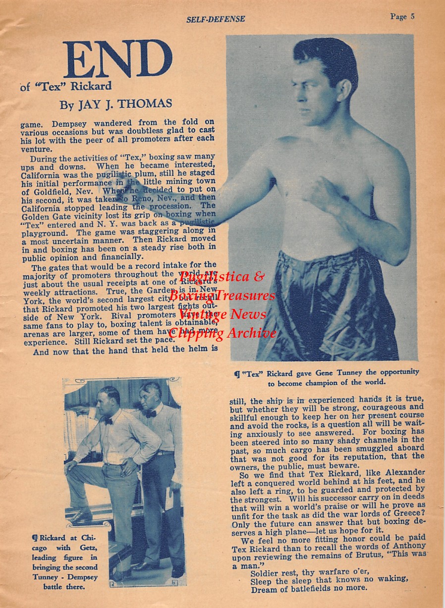 Boxing News Clipping #2089 - Tex Rickard memorial obituary (2 page clipping), Gene Tunney, Willie Jackson, Frank Moran