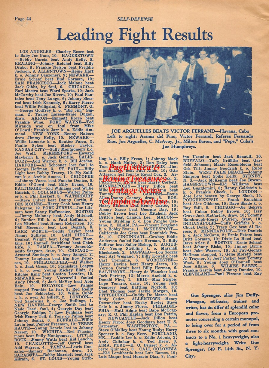 Boxing News Clipping #2104 - Joe Arguelles vs. Victor Ferrand, Aramis del Pino, Fernando Rios, C. McAvoy Jr., Milton Baron