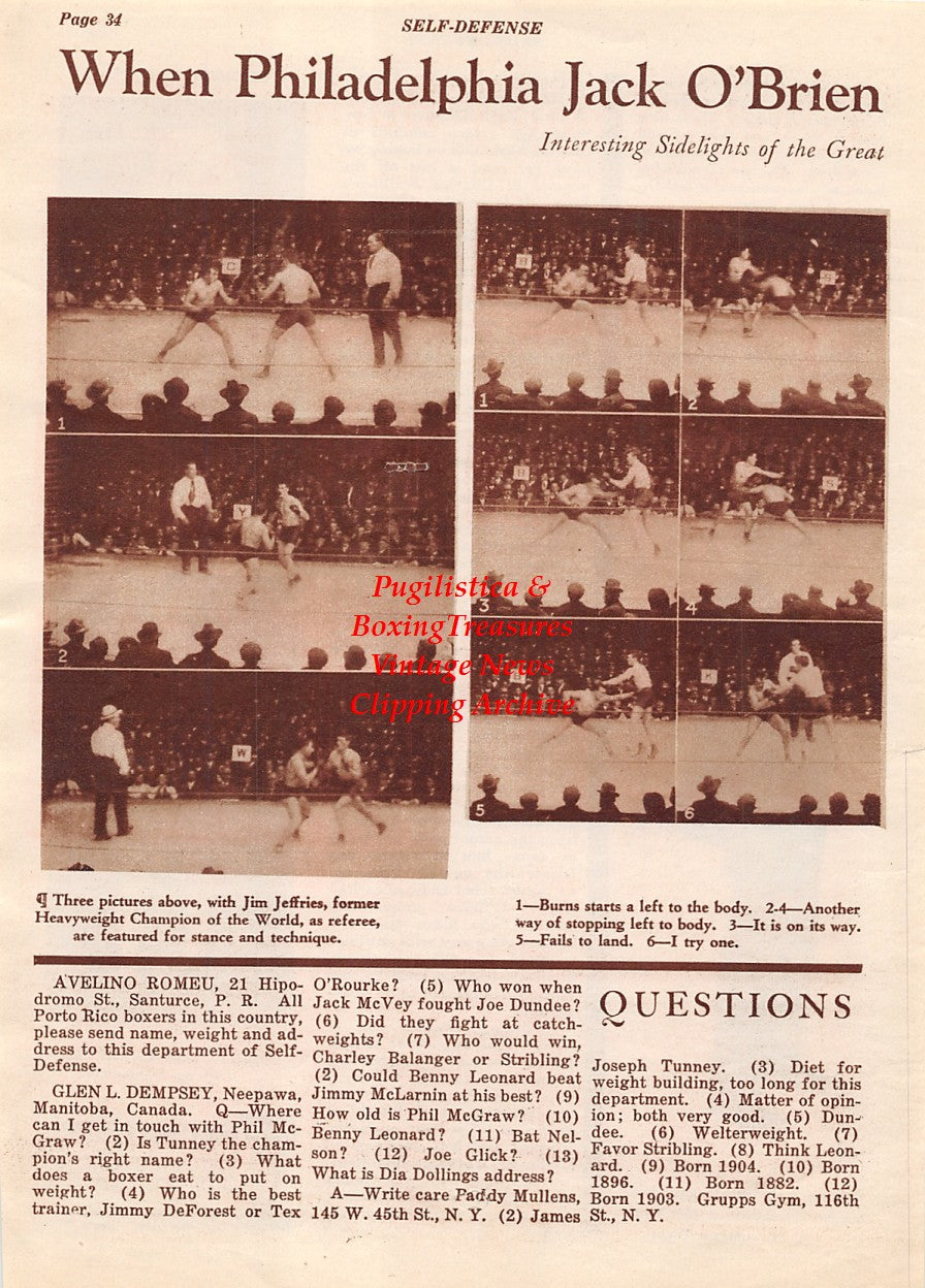 Boxing News Clipping #2118 - Philadelphia Jack O'Brien vs. Tommy Burns, Jimmy Mendo, Jackie Reynolds, James J. Corbett
