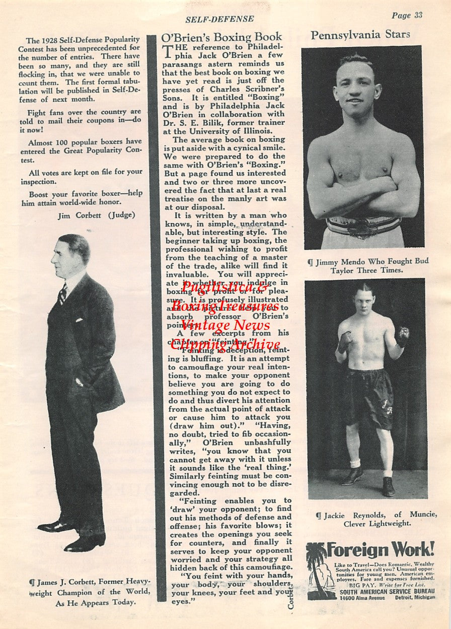 Boxing News Clipping #2118 - Philadelphia Jack O'Brien vs. Tommy Burns, Jimmy Mendo, Jackie Reynolds, James J. Corbett