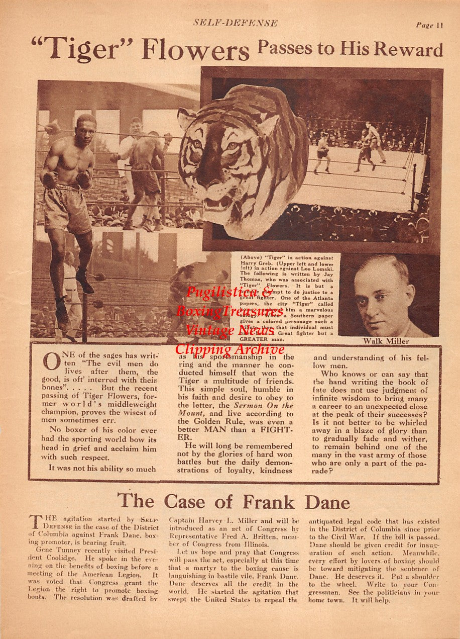 Boxing News Clipping #2127 - Tiger Flowers memorial, Harry Greb, Walk Miller, Jack Delaney, Johnny Dundee, Pete Latzo, Mike McTigue, Fidel LaBarba