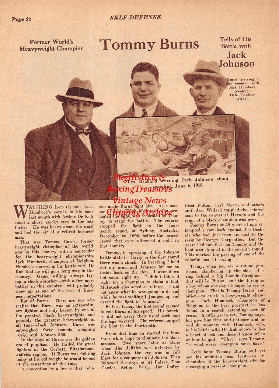 Boxing News Clipping #2132 - Tommy Burns, Jack Humbeck, Dale Gardner, Jack Johnson, Tex Rickard, Packy O'Gatty & Joey Abrams visit the grave of "The Nonpareil" Jack Dempsey