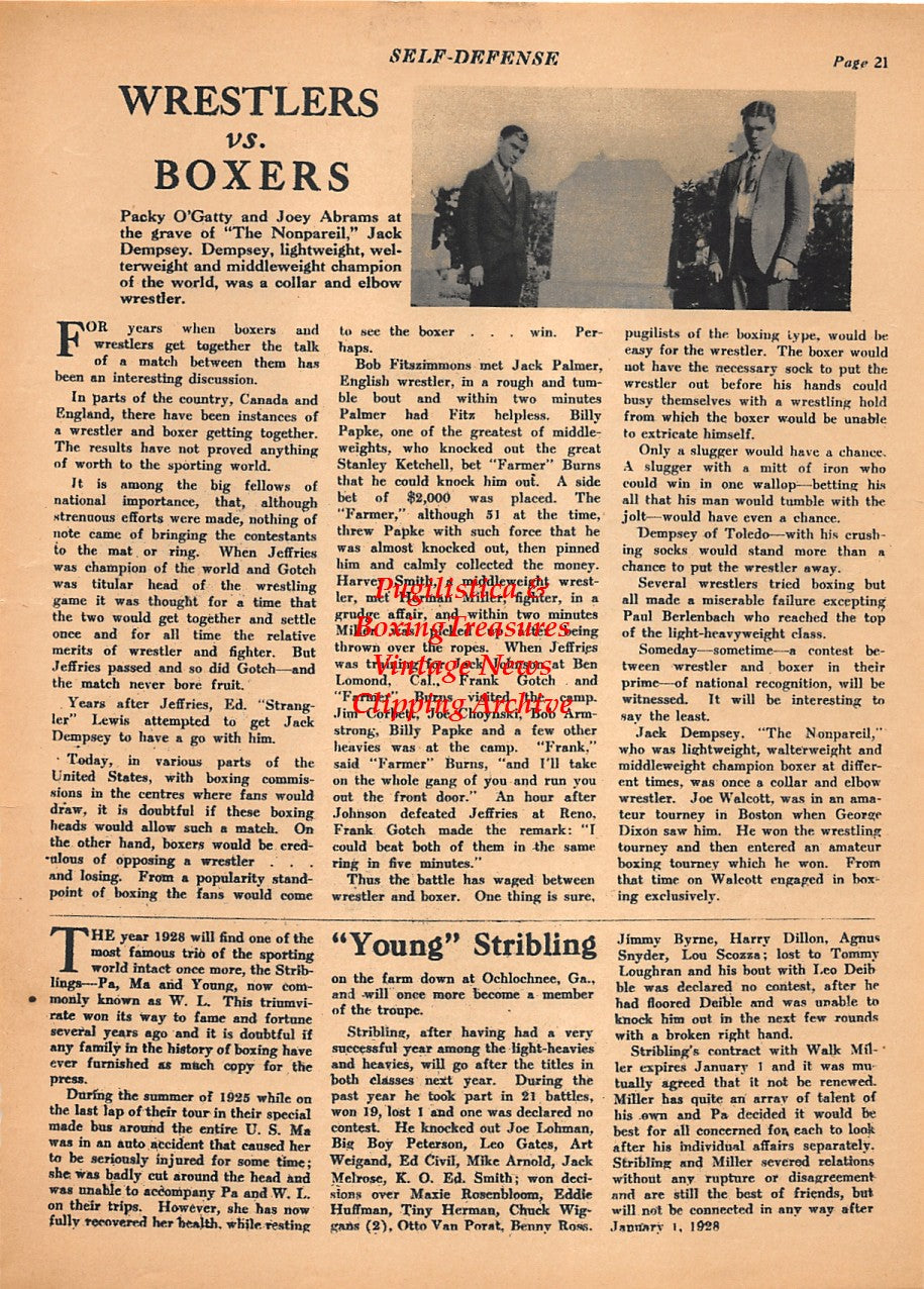 Boxing News Clipping #2132 - Tommy Burns, Jack Humbeck, Dale Gardner, Jack Johnson, Tex Rickard, Packy O'Gatty & Joey Abrams visit the grave of "The Nonpareil" Jack Dempsey