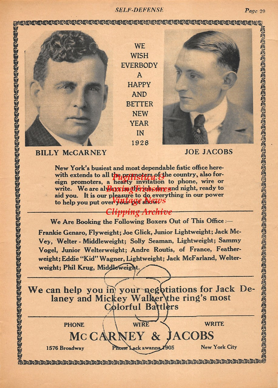 Boxing News Clipping #2134 - Billy McCarney, Joe Jacobs, Eddie Reilly