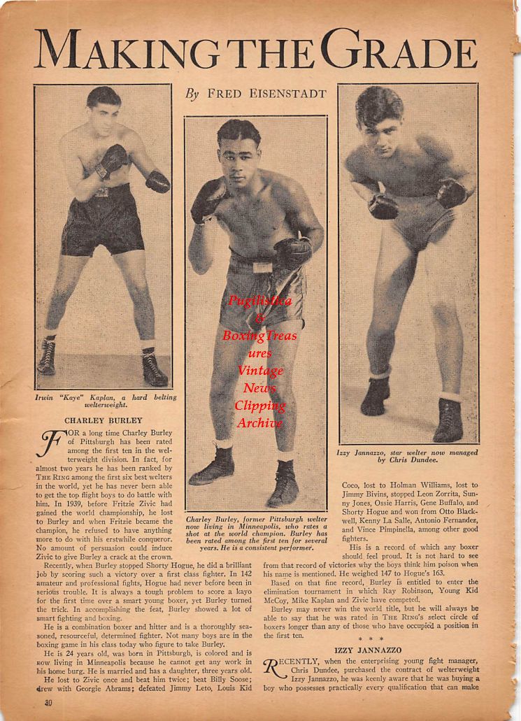 Boxing News Clipping #214 - Charley Burley, Irwin Kaplan, Izzy Jannazzo, Artie Levine, Frankie Rubino