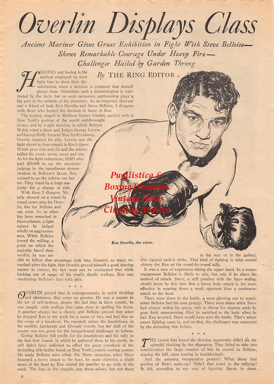 Boxing News Clipping #2144 - Ken Overlin, George Blake, Mike Twin Sullivan, Billy Rodenbach, Packey McFarland, Billy Sandow, Eddie Hanlon, Tommy Ryan, Fred Dyer, Tommy Gibbons, Harry Brewer, Billy Meyers, Johnny Kilbane, Benny Leonard and more