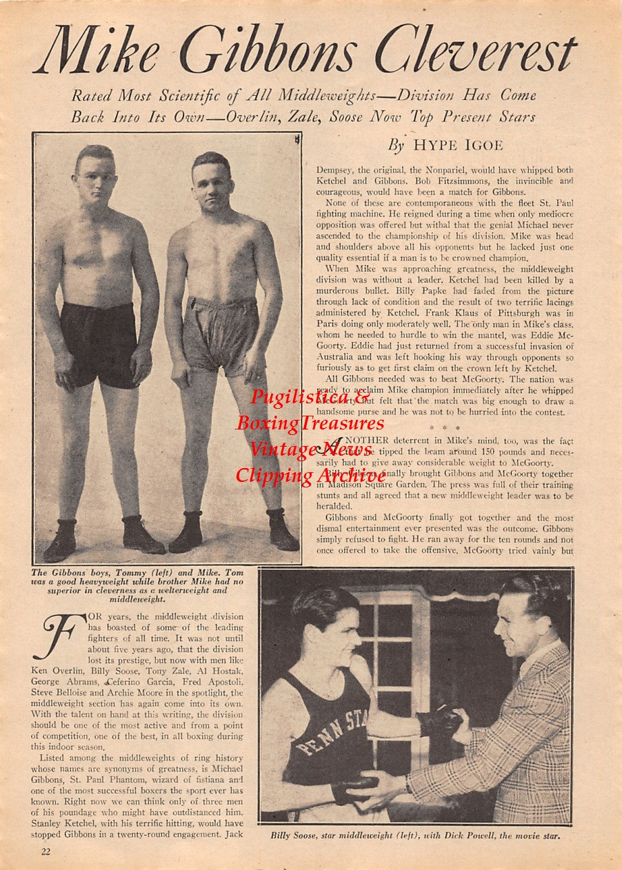 Boxing News Clipping #2151 - Tommy Gibbons, Mike Gibbons, Billy Soose, Dick Powell