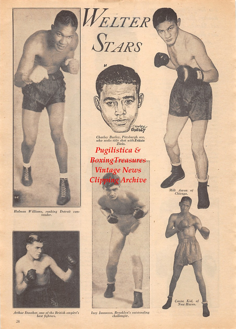 Boxing News Clipping #2153 - Cocoa Kid, Milt Aron, Charley Burley, Holman Williams, Arthur Danahar, Izzy Jannazzo, Rush Dalma, Mike Raffa, Settimo Terracina
