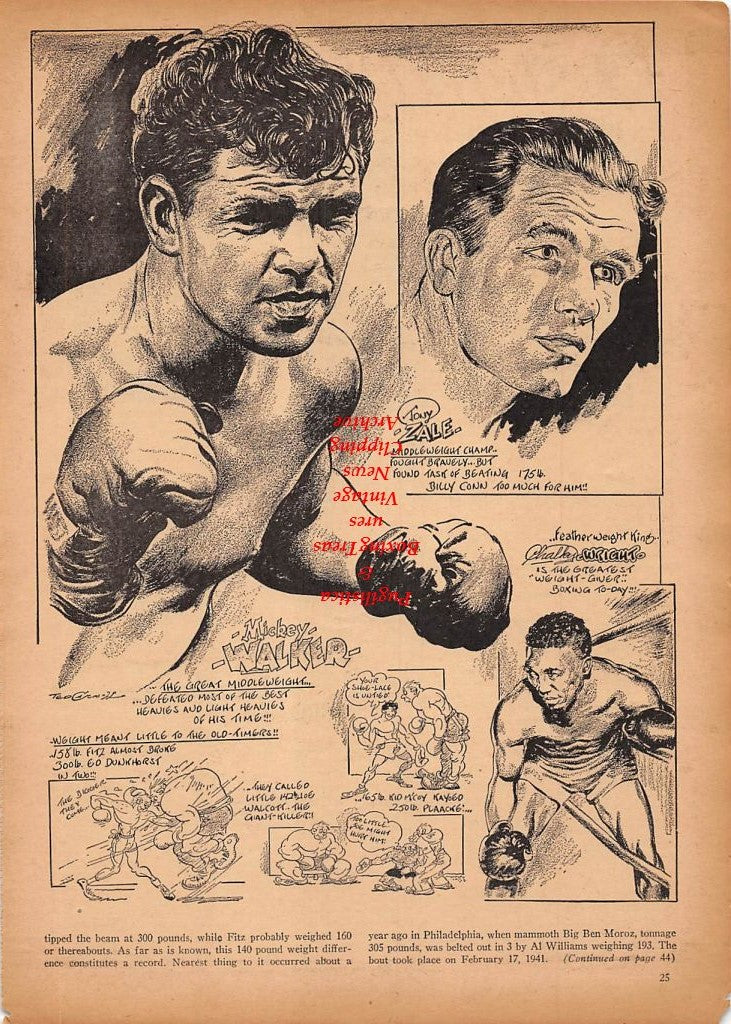 Boxing News Clipping #216 - Mickey Walker and Tony Zale cartoon by Ted Carroll, Joe Agosta, Cliff Anderson, Danny Kapilow