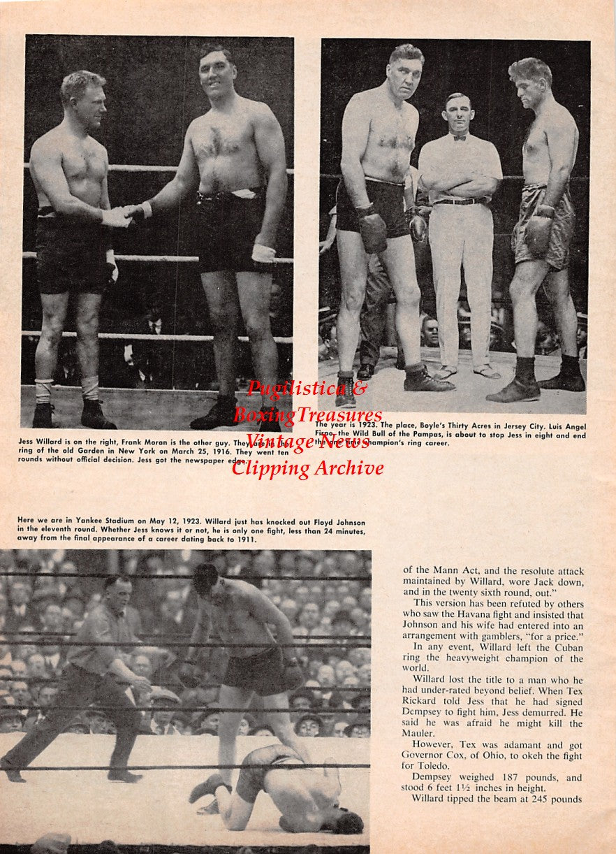 Boxing News Clipping #2169 - Jess Willard vs. Frank Moran, Luis Angel Firpo, Floyd Johnson, Jack Johnson, Jack Heinen, James Jeffries, Jim Corbett