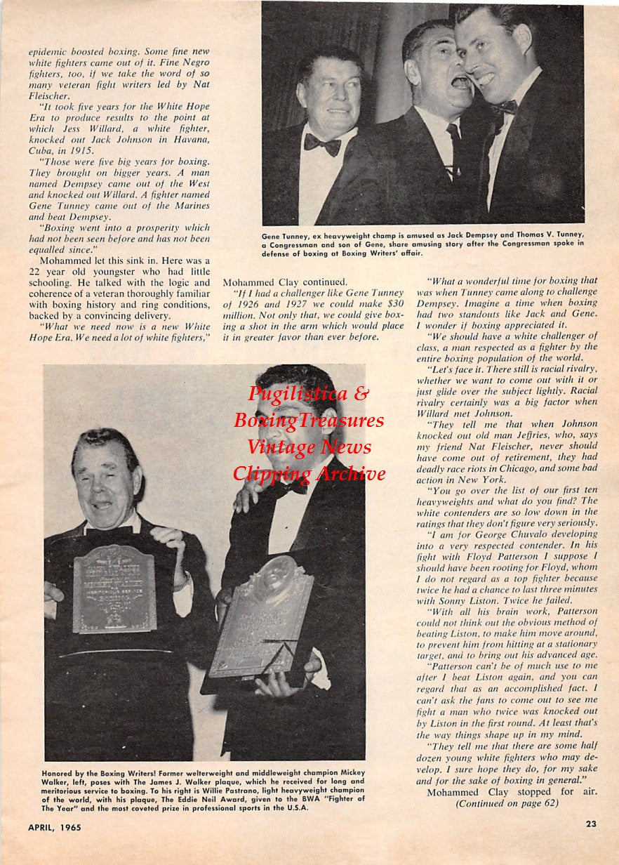 Boxing News Clipping #2174 - Joe Louis vs. Tony Galento, Mickey Walker, Willie Pastrano, Gene Tunney, Jack Dempsey, Thomas V. Tunney
