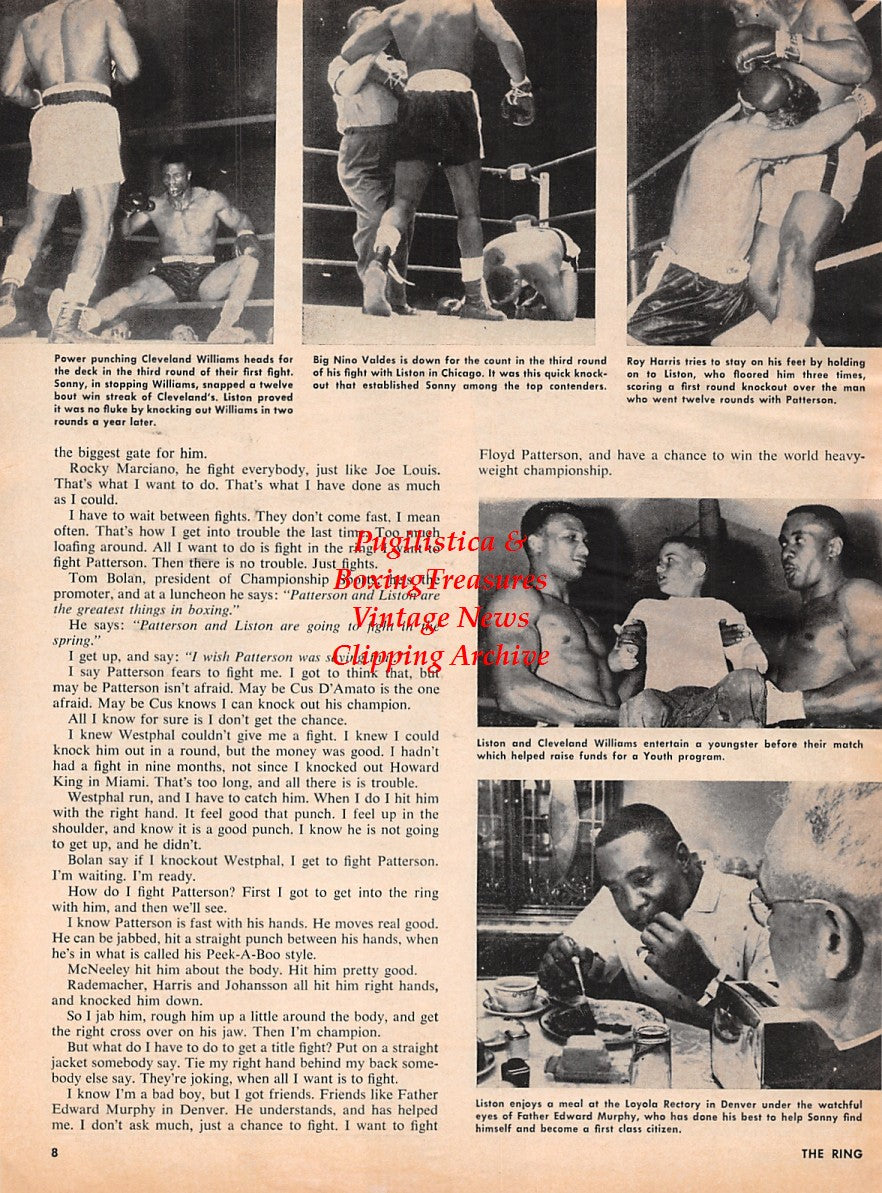Boxing News Clipping #2192 - Sonny Liston vs. Mike DeJohn, Wayne Bethea, Albert Westphal, Cleveland Williams, Nino Valdes, Roy Harris, Father Edward Murphy