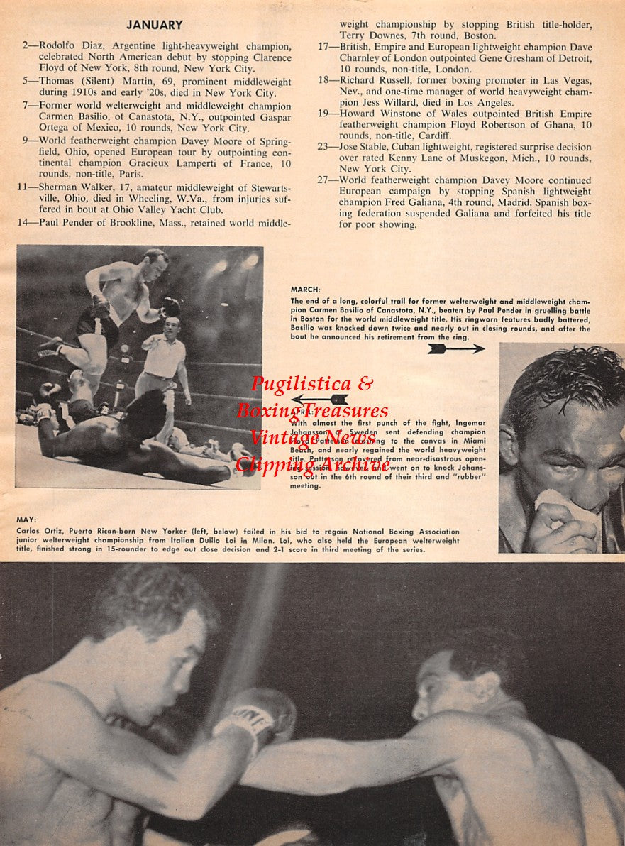 Boxing News Clipping #2196 - Carmen Basilio, Ingemar Johansson vs. Floyd Patterson, Carlos Ortiz vs. Duilio Loi