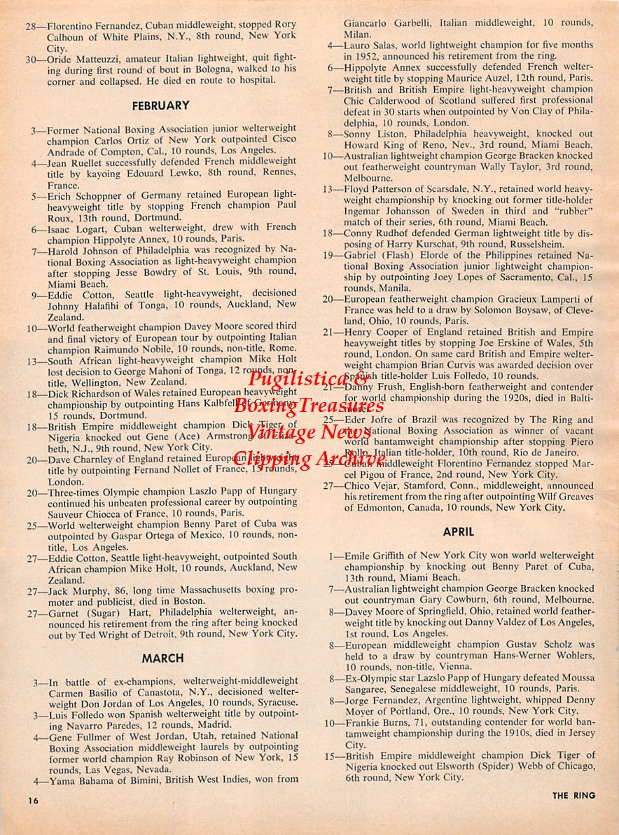 Boxing News Clipping #2196 - Carmen Basilio, Ingemar Johansson vs. Floyd Patterson, Carlos Ortiz vs. Duilio Loi