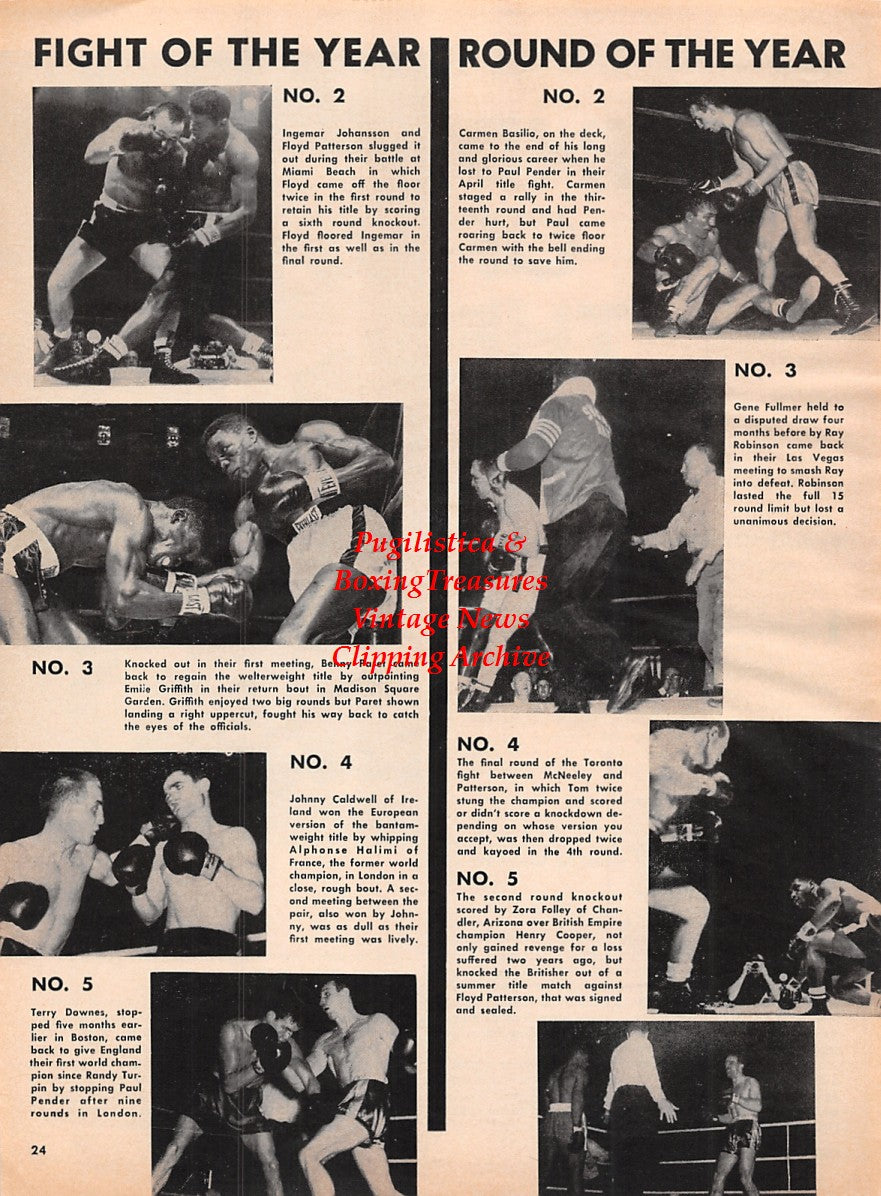 Boxing News Clipping #2199 - Ingemar Johansson vs Floyd Patterson, Benny Paret vs. Emile Griffith, Johnny Caldwell vs Alphonse Halimi, Terry Downes vs Paul Pender, Carmen Basilio vs Paul Pender, Tom McNeeley vs Floyd Patterson and more