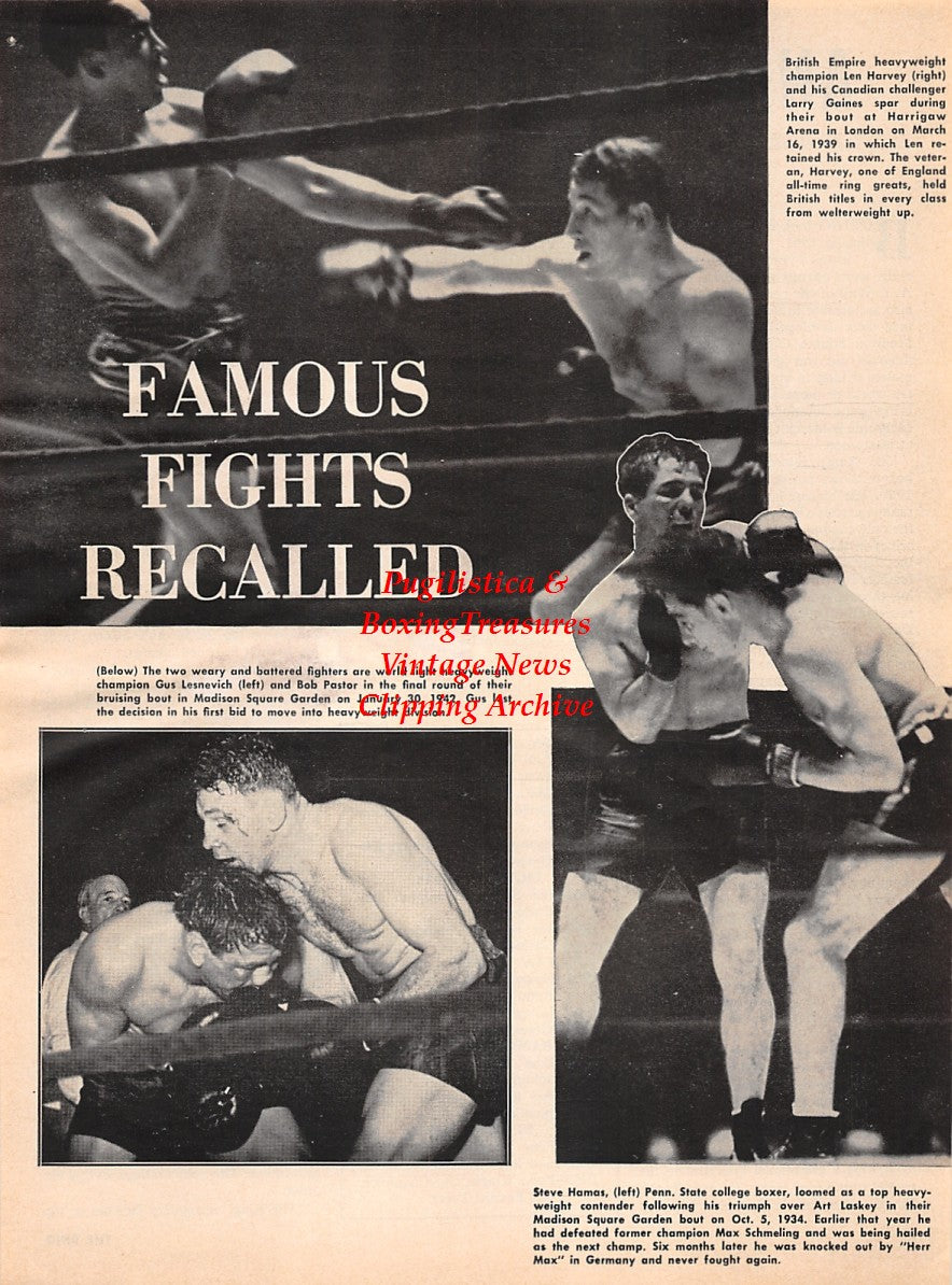 Boxing News Clipping #2200 - Len Harvey vs Larry Gains, Gus Lesnevich vs Bob Pastor, Steve Hamas vs Art Lasky