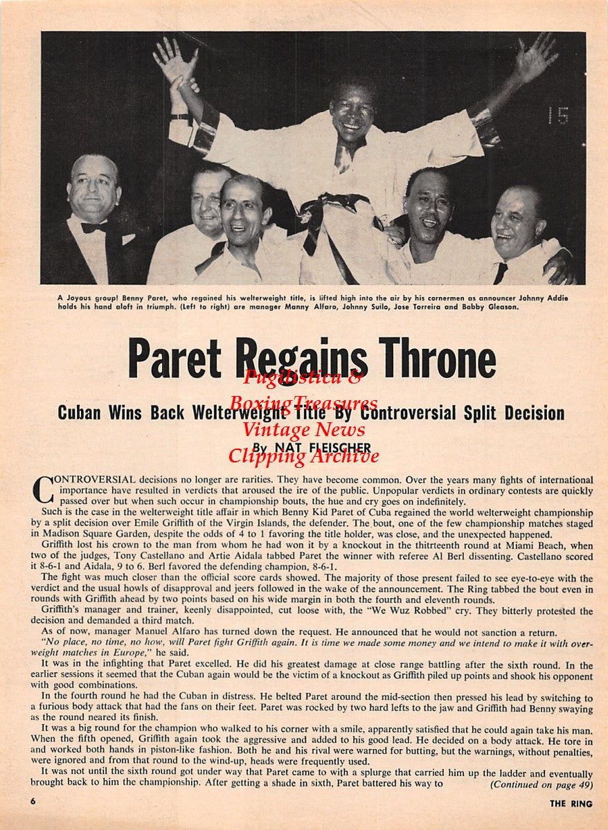 Boxing News Clipping #2209 - Benny Kid Paret, Emile Griffith, Johnny Addie, Manny Alfaro, Johnny Suilo, Jose Torreira, Bobby Gleason