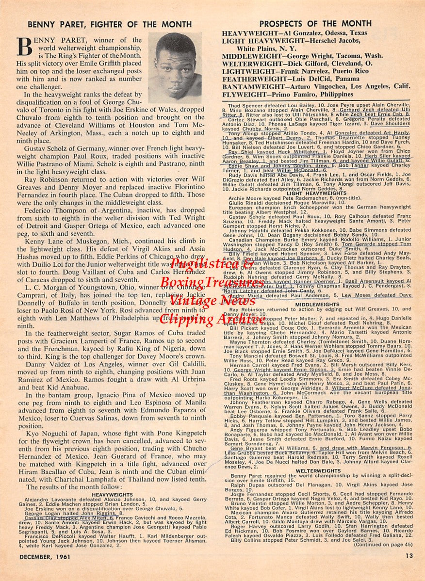 Boxing News Clipping #2213 - Luis Angel Firpo, Jack Dempsey, Benny Kid Paret