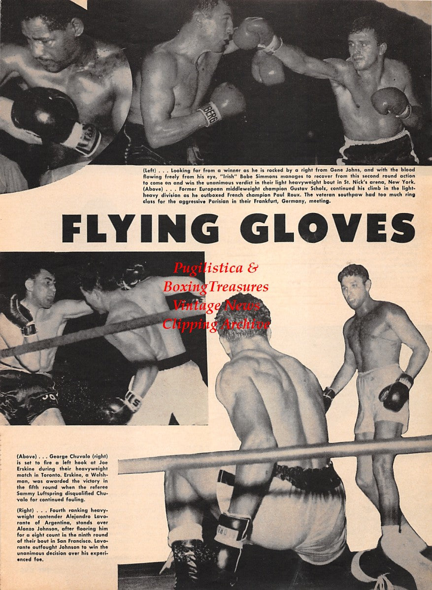 Boxing News Clipping #2216 - Gustav Scholz vs Paul Roux, George Chuvalo vs Joe Erskine, Alejandro Lavorante vs. Alonzo Johnson, Rocky Marciano, Charley Goldman, George Gainsford, Sugar Ray Robinson, Chickie Ferrera, Freddie Fierro