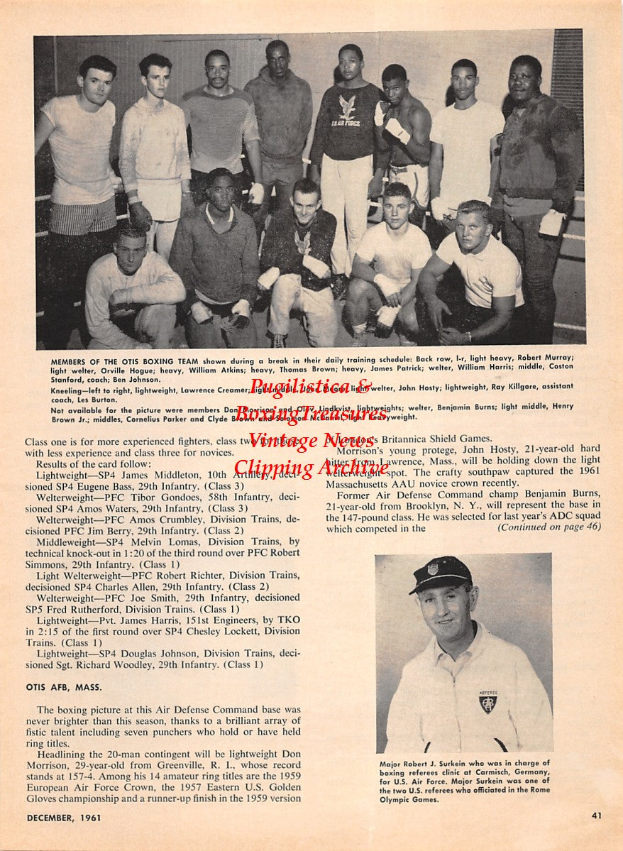 Boxing News Clipping #2221 - Otis Air Force Base Boxing Team, Orville Hogue, William Atkins, Coston Stanford, Lawrence Creams, John Hosty and more. Floyd Patterson vs. Tom McNeeley