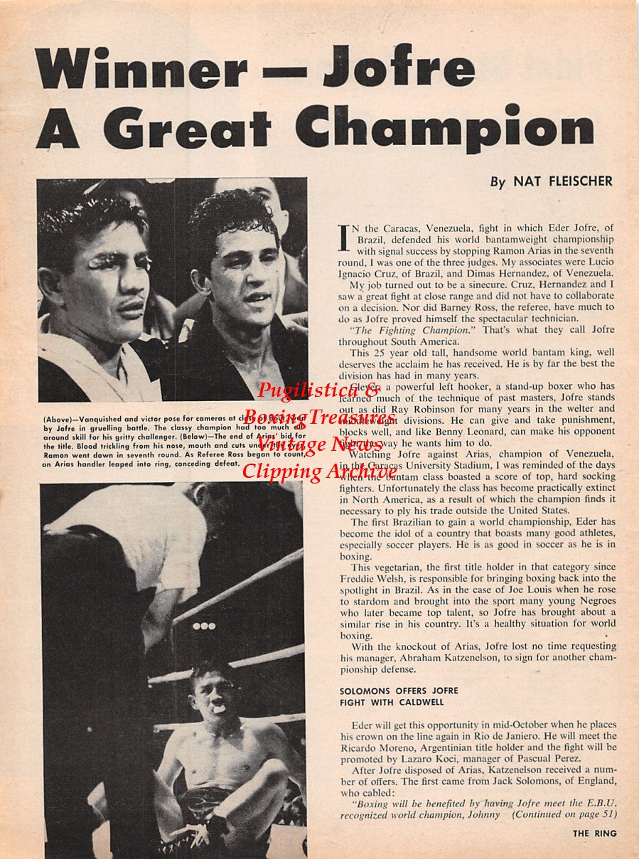 Boxing News Clipping #2226 - Eder Jofre vs. Ramon Arias, Cuban Boxing with Kid Chocolate, Kid Gavilan, Benny Kid Paret