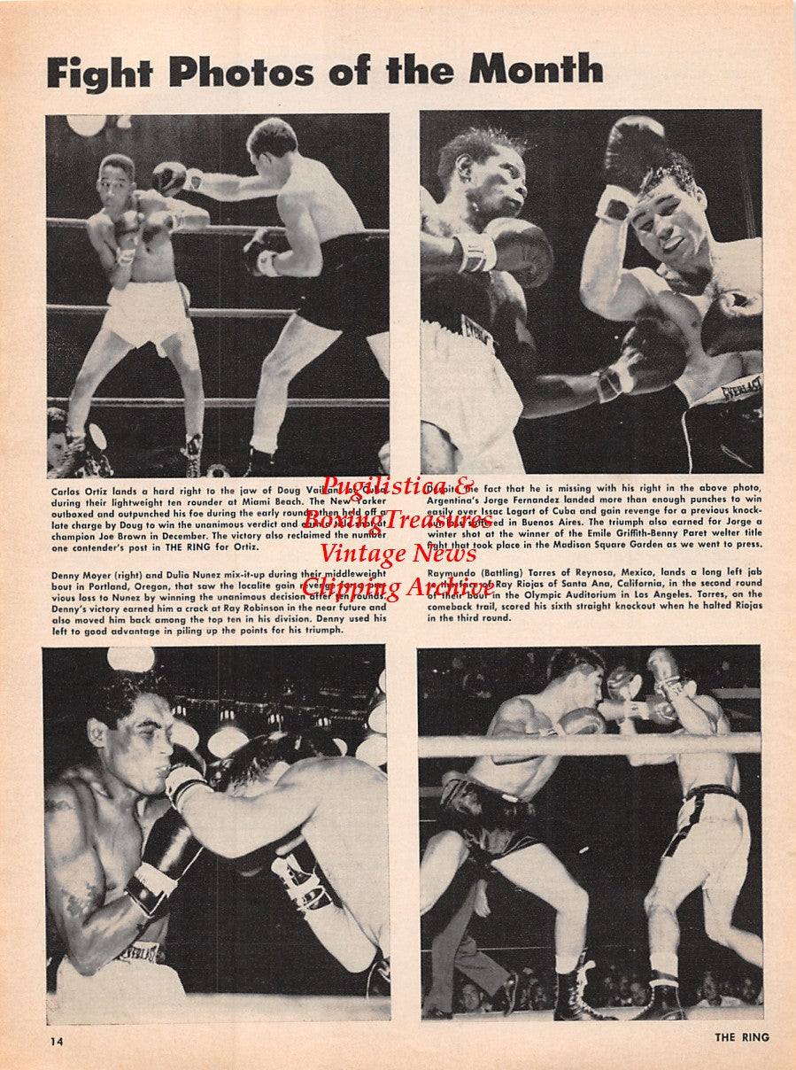Boxing News Clipping #2230 - Carlos Ortiz vs. Doug Vaillant, Jorge Fernandez vs. Isaac Logart, Denny Moyer vs. Dulio Nunez, Battling Torres vs. Ray Riojas, Barbados Joe Walcott, Tommy Burns, Philadelphia Jack O'Brien, James Jeffries