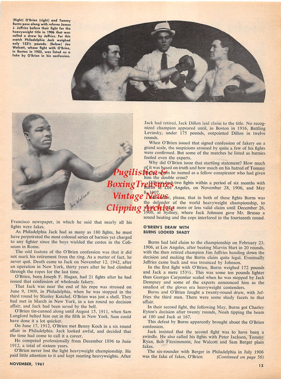 Boxing News Clipping #2230 - Carlos Ortiz vs. Doug Vaillant, Jorge Fernandez vs. Isaac Logart, Denny Moyer vs. Dulio Nunez, Battling Torres vs. Ray Riojas, Barbados Joe Walcott, Tommy Burns, Philadelphia Jack O'Brien, James Jeffries
