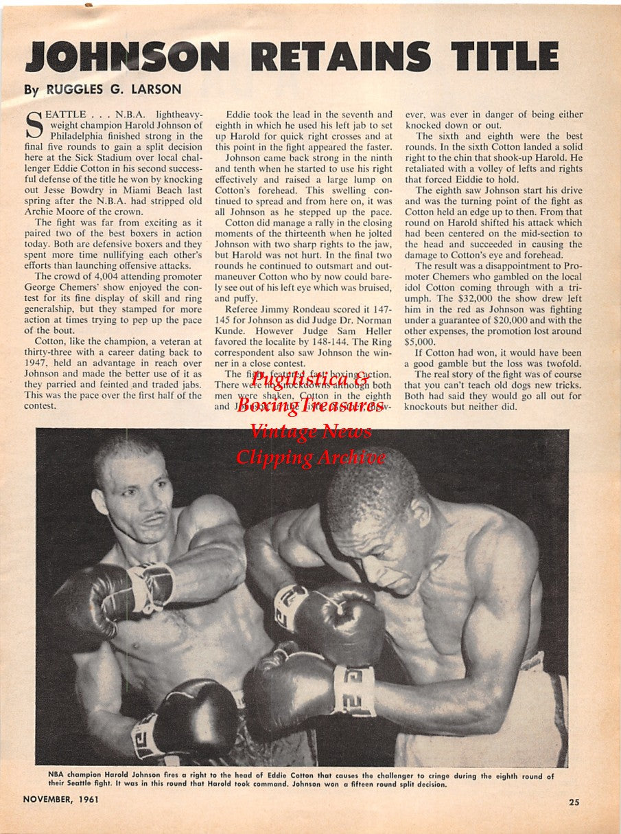 Boxing News Clipping #2234 - Harold Johnson vs. Eddie Cotton, Chick Wergeles, Terry McGovern, Sam Harris