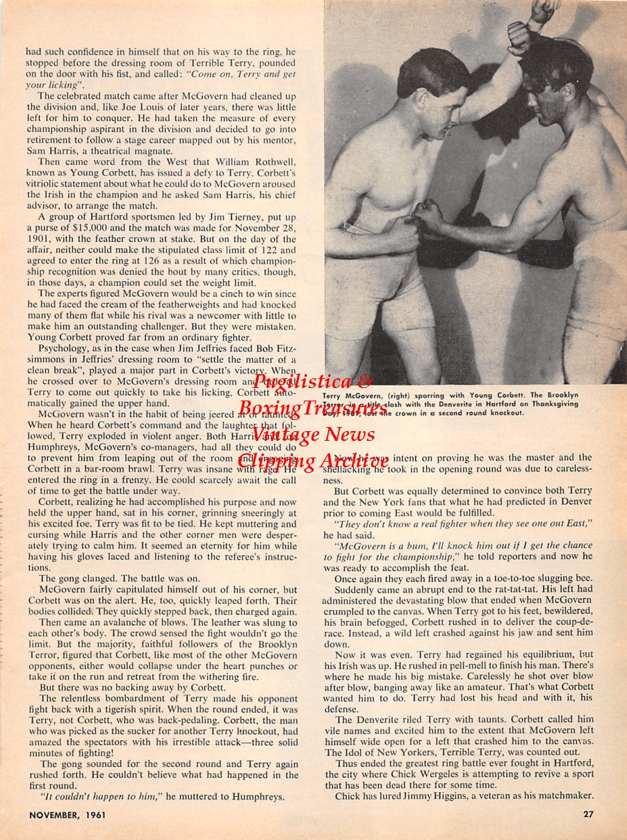 Boxing News Clipping #2235 - Alejandro Lavorante, Willie Besmanoff, Zora Folley, Terry McGovern vs. Young Corbett