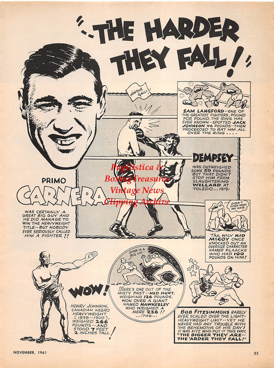 Boxing News Clipping #2237 - Harry Balogh, Peter Prunty, Fred Burns, Charley Harvey, Primo Carnera, Henry Johnson and more