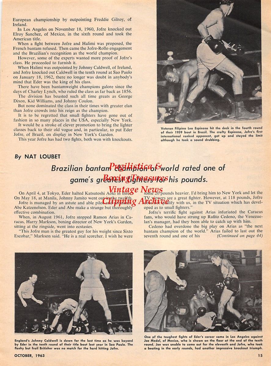 Boxing News Clipping #2250 - Eder Jofre vs. Leo Espinosa, Johnny Caldwell, Joe Medel, Sonny Liston, Jimmy Bronson